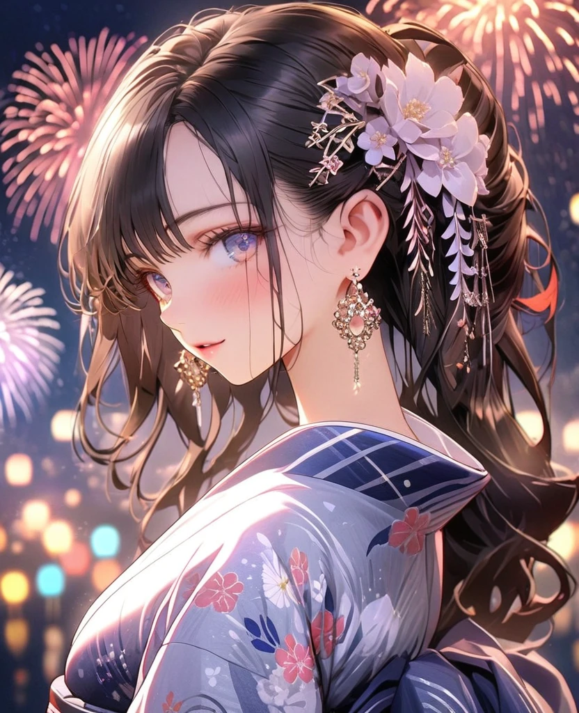 8k,Ephemeral beauty,Very delicate and beautiful,Beautiful and realistic skin,Earrings that shine like jewels,Black Hair、Long and colorful hair,Beautiful Eyes,good,Beautiful night sky、firework、yukata