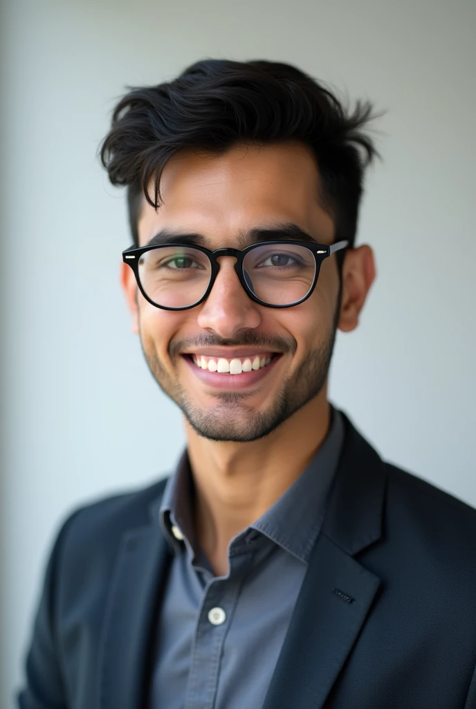 21 year old indian boy With fair skin Wearing spectacles and narrow body Posing for a linkedin picture in formals
