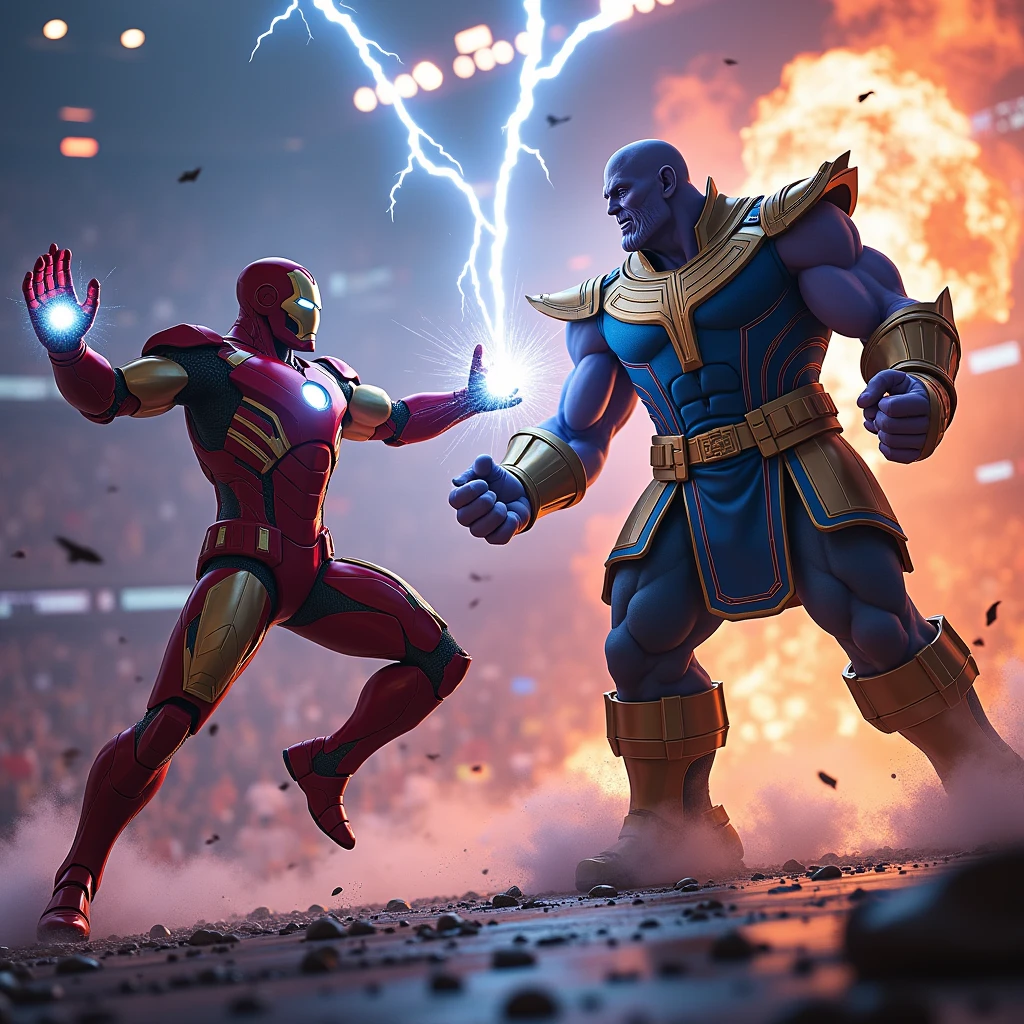 two superheroes iron vs thanos fight in the ring with a bright background, many people cheering, thanos gives a thunderous kick to iron, creating a lightning effect, posing for a complex fight, epic battle, epic battle, battle, infinity stone, thanos style features, cinematic battle, profile picture, battle, fighting, fighting game, intense fighting, in awesome style