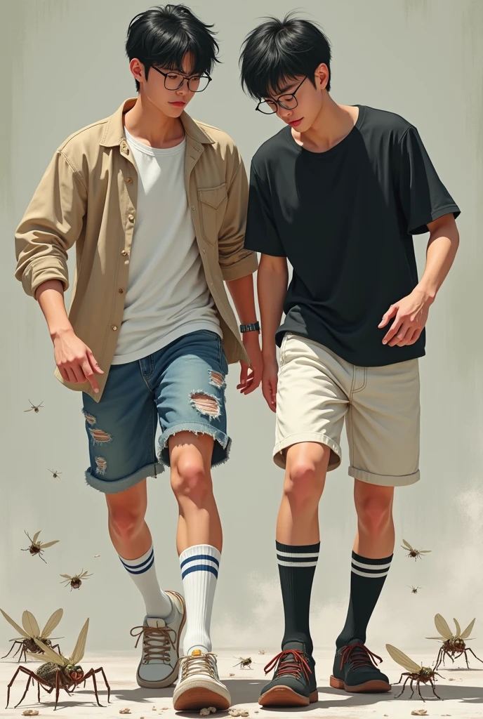 Handsome korean male ager and handsone chinese male teen both have black hair, tall and slim bodies. The korean male teenagerrs a white t shirt, beige cardigan, ripped jeans shorts, and long white socks with 2 blue stripes on it. The chinese male teenager wea black shirt, white shorts, and black socks with 2 black stripes. Both are stomping and crushing insects beneath their feet
