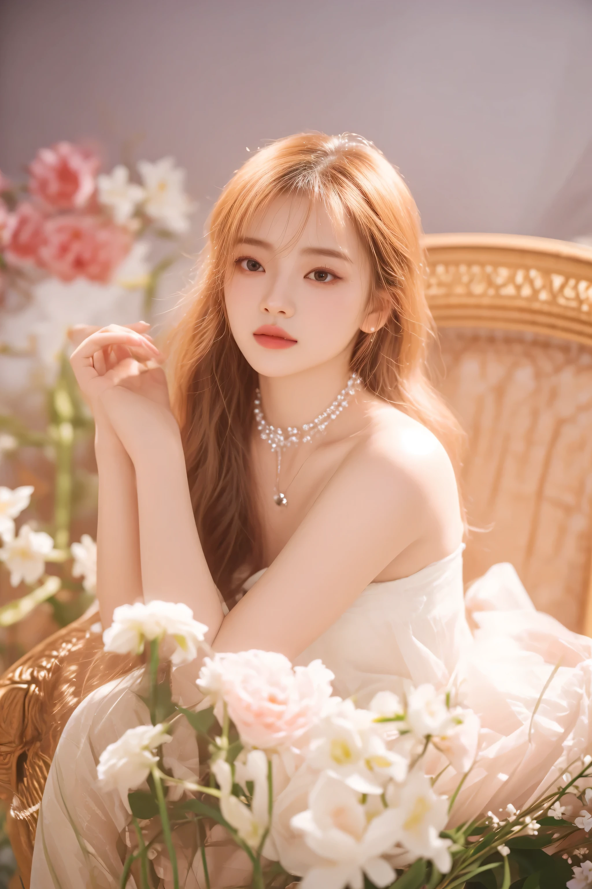arafed woman sitting in a chair with flowers and a necklace, inspired by Huang Ji, lalisa manobal, ethereal beauty, soft portrait shot 8 k, soft ethereal lighting, portrait of jossi of blackpink, ethereal and dreamy, dreamy and ethereal, with flowers, lily, soft portrait, with bloom ethereal effects, inspired by Sim Sa-jeong