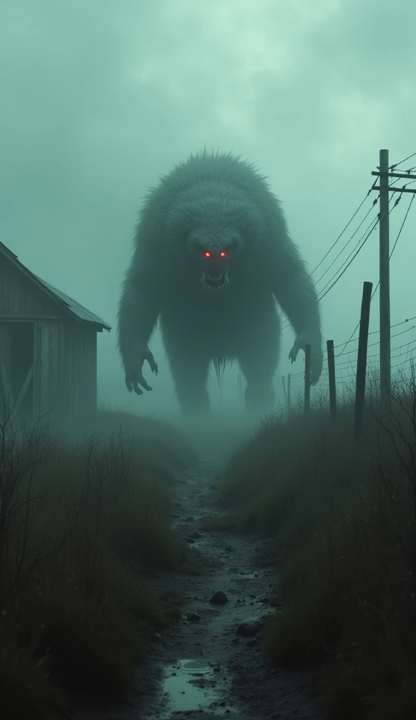 A chilling scene of the Chupacabra prowling through a deserted farm, its form partially obscured by shadows and fog