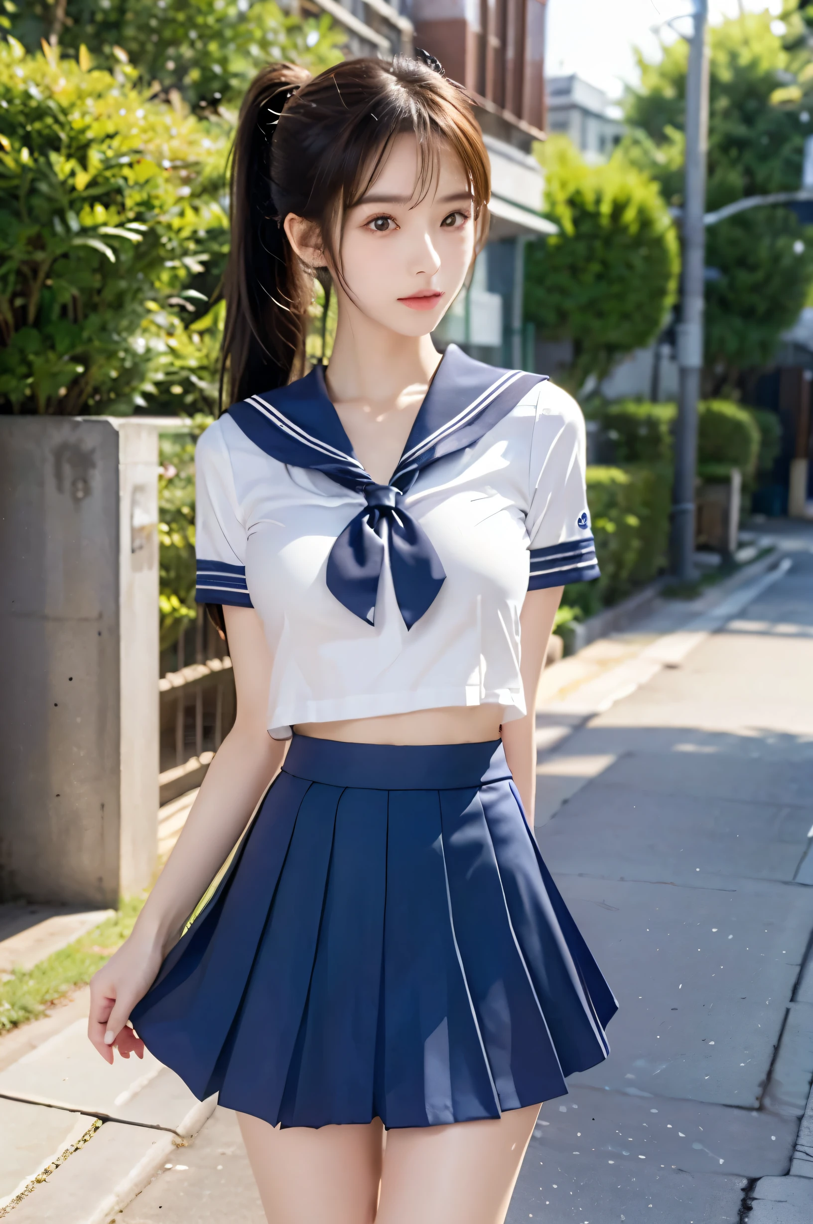 (Ultra HD), (Short-sleeved sailor uniform, Navy blue mini skirt), Big Breasts, slender, Narrow waist, (I can see my belly button:0.6), whole body, Standing posture, (Beautiful Skin, Shiny skin, White skin), (Super slim face, Super beautiful face, No makeup), (ponytail, Layered Cut, Fluffy hair), (double eyelid, Slanted Eyes), Small Nose, Thin lips, Thin legs, In front of the school gate, evening