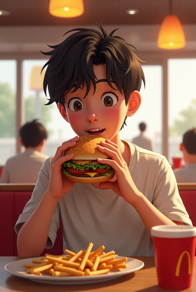 Child dressed as luffy eating hamburger