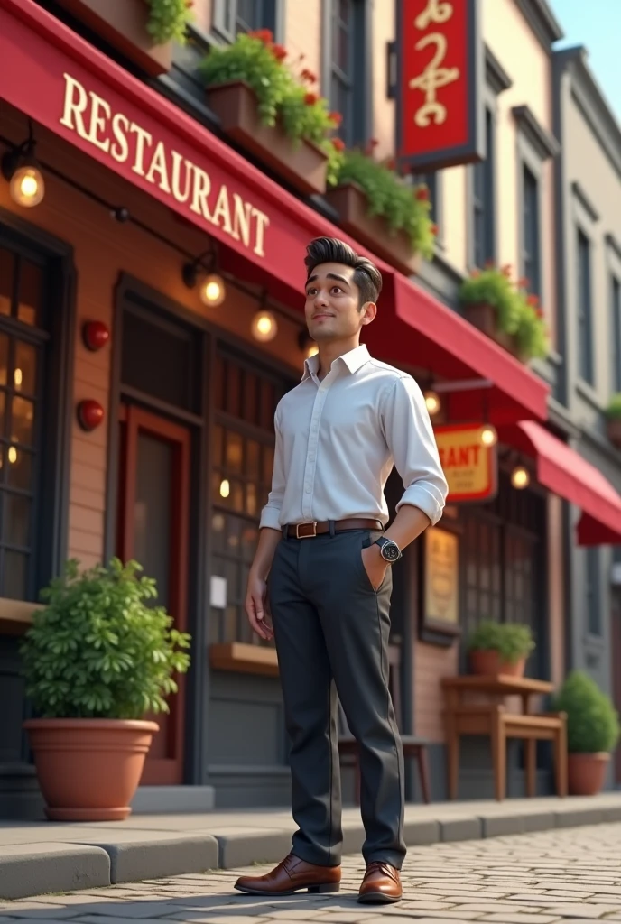 I am the owner of restaurant. And restaurant owner stand near his restaurant. And his restaurant seen clearly