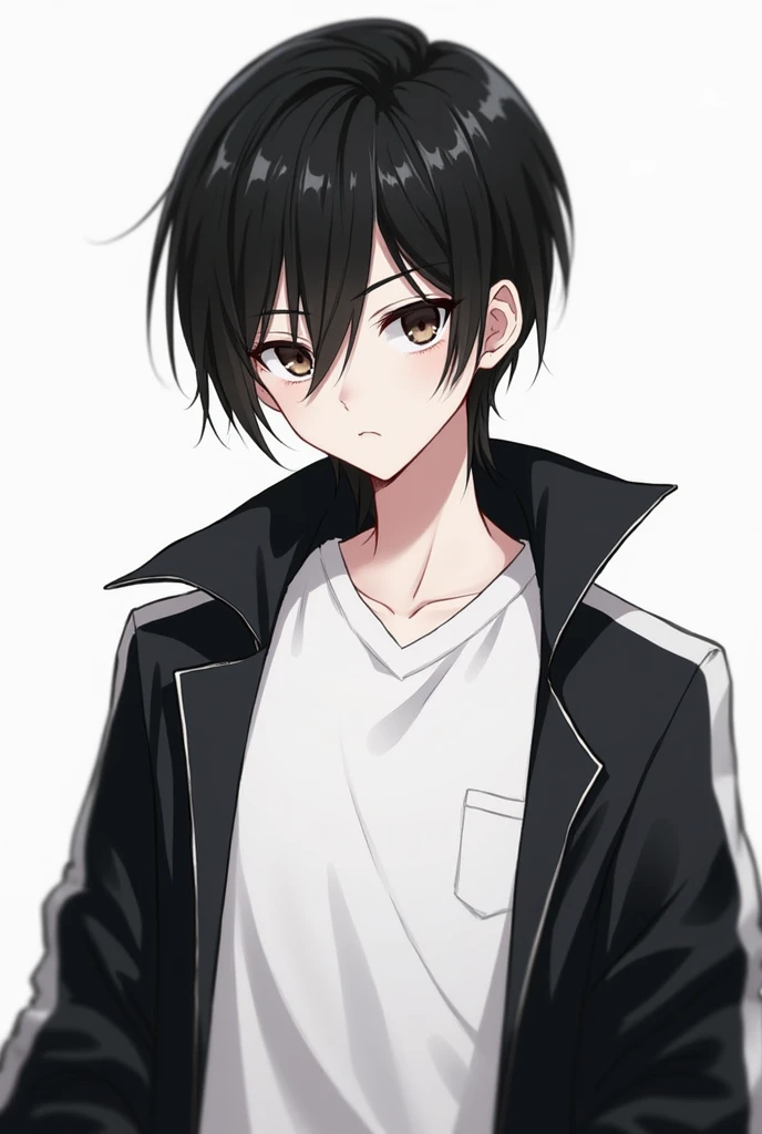 White black picture Anime boy black hair white shirt with black jacket