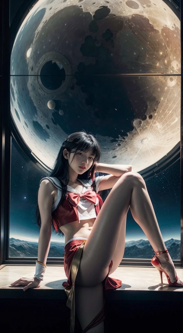 Sailor moon, red tones, sitting, Long black hair with side clips and bangs( Leg Open:1.5), golden and white throne, Large window behind, without glass showing the earth and the starless space. lunar landscape.