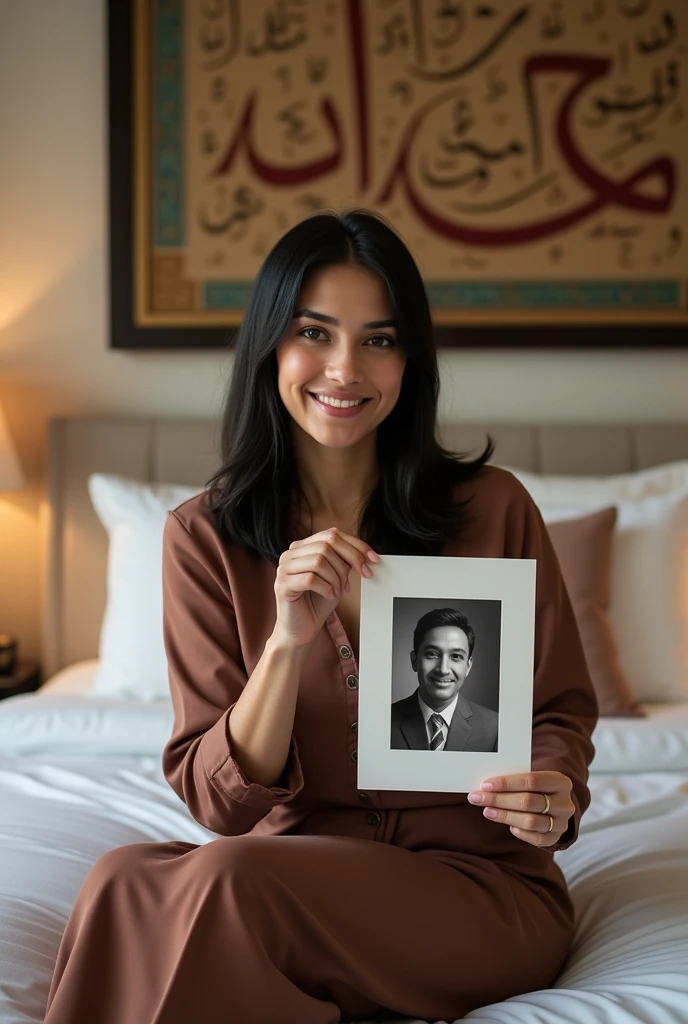 Une femme brune. Les cheveux raides, pas longs, de couleurs noirs. Un peu volumineuse de forme physique. Assise dans une grande chambre d'hôtel, sur un lit de l'hôtel, souriante, la tête droite, le regard droit fixé vers l'avant, portant dans ses mains une grande photo qu'elle montre bien vers l'avant de sorte que la photo qu'elle montre soit un peu décollée de sa poitrine et derrière elle, accroché sur le mur, un tableau avec des écritures en arabe bien lisible.
