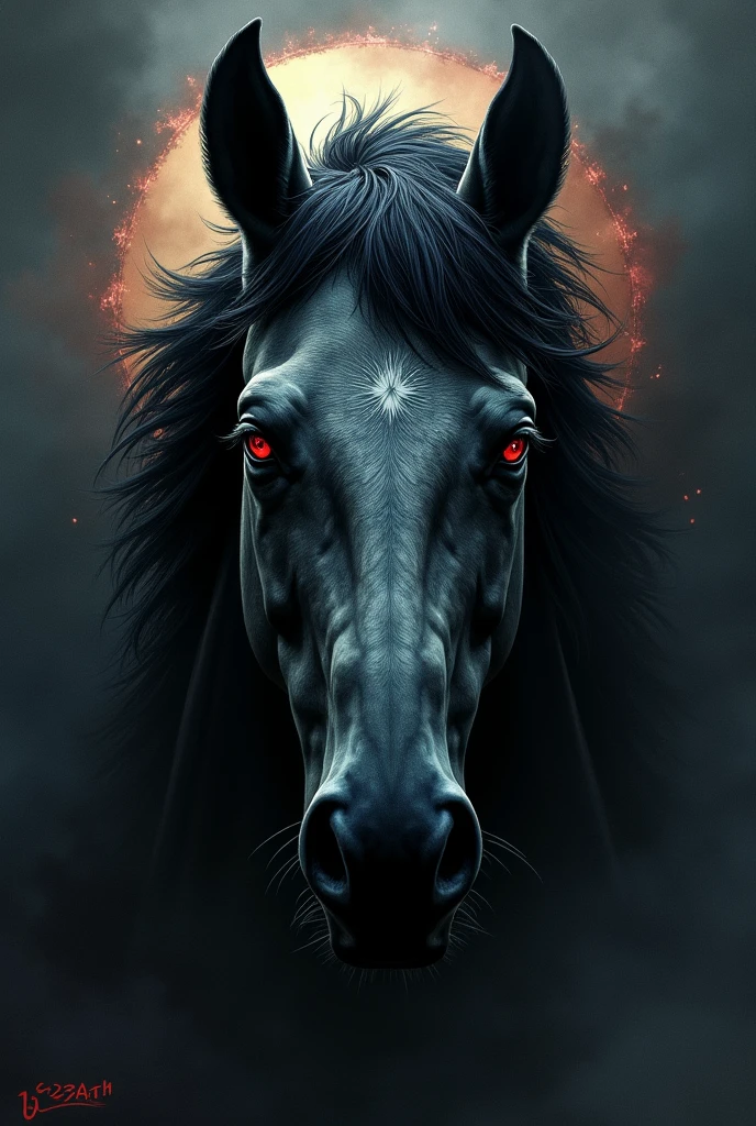 Horsemen logo, horse faceing front, face only, gothic, demonic ring around horse face