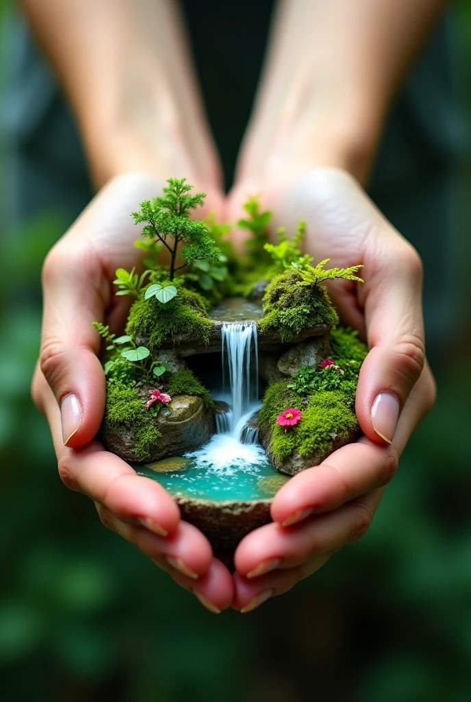 A photography of two hand is holding a mini nature forrest waterfalls with flora decoration 
Full hd resolution, 8K