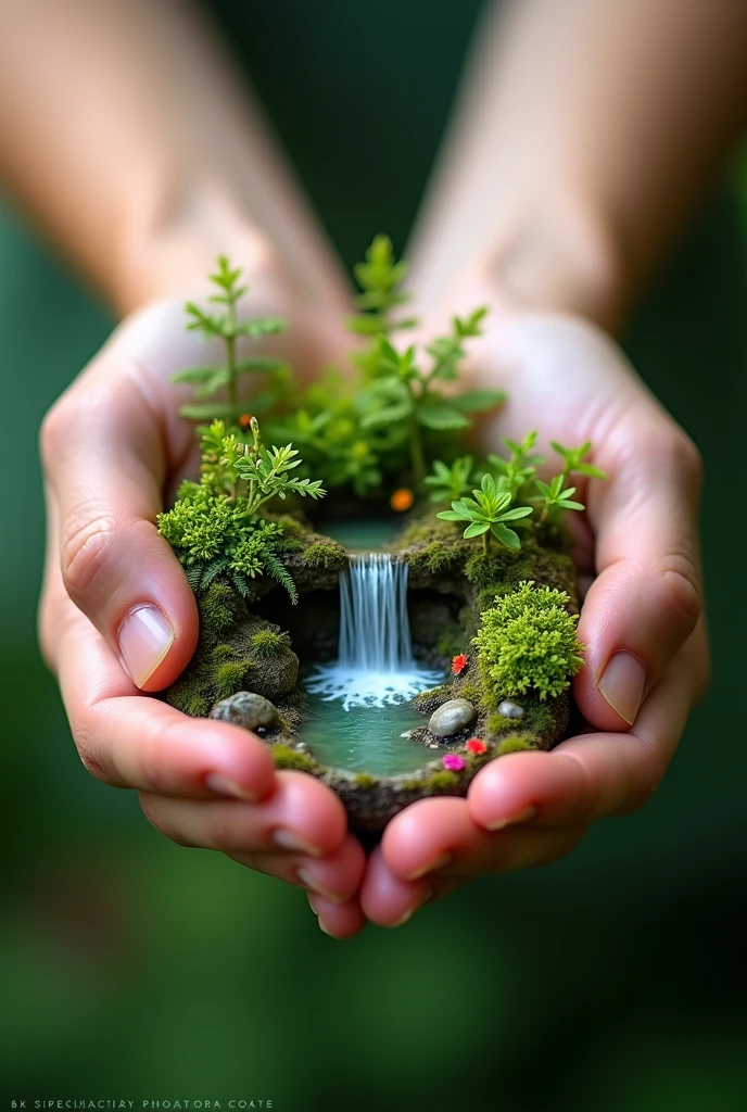 A photography of two hand is holding a mini nature forrest waterfalls with flora decoration 
Full hd resolution, 8K