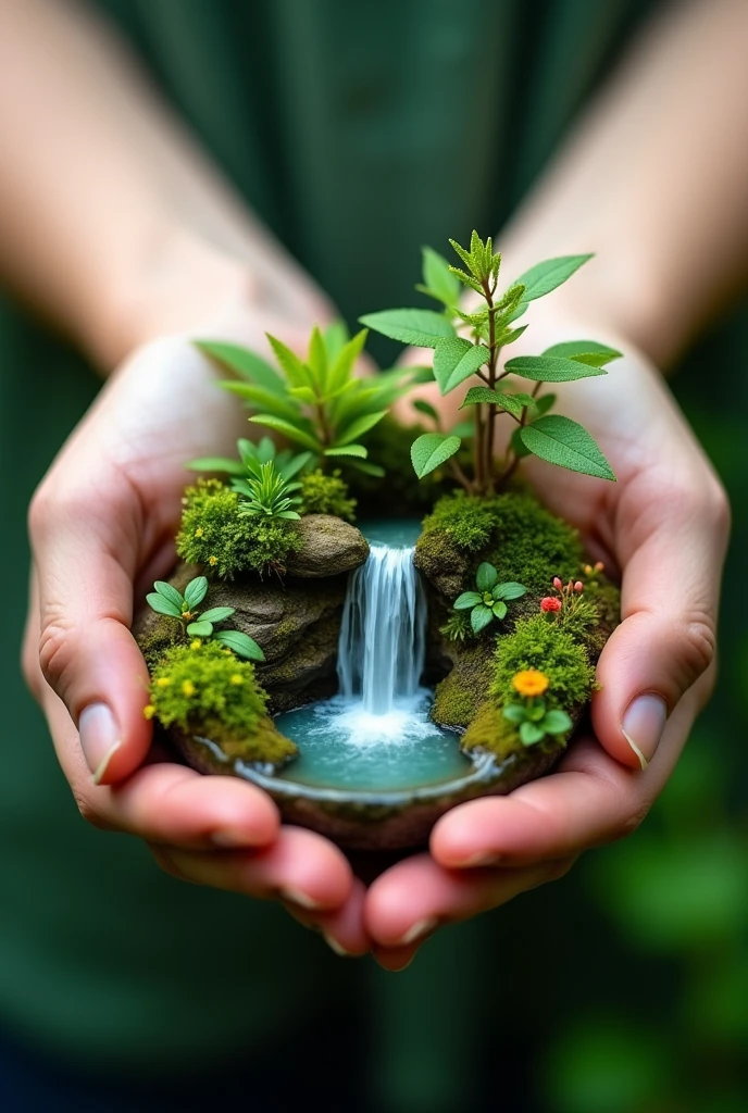 A photography of two hand is holding a mini nature forrest waterfalls with flora decoration
Full hd resolution, 8K