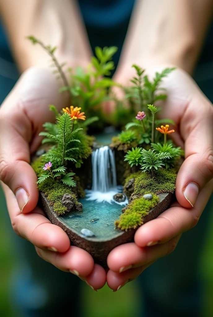 A photography of two hand is holding a mini nature forrest waterfalls with flora decoration 
Full hd resolution, 8K
