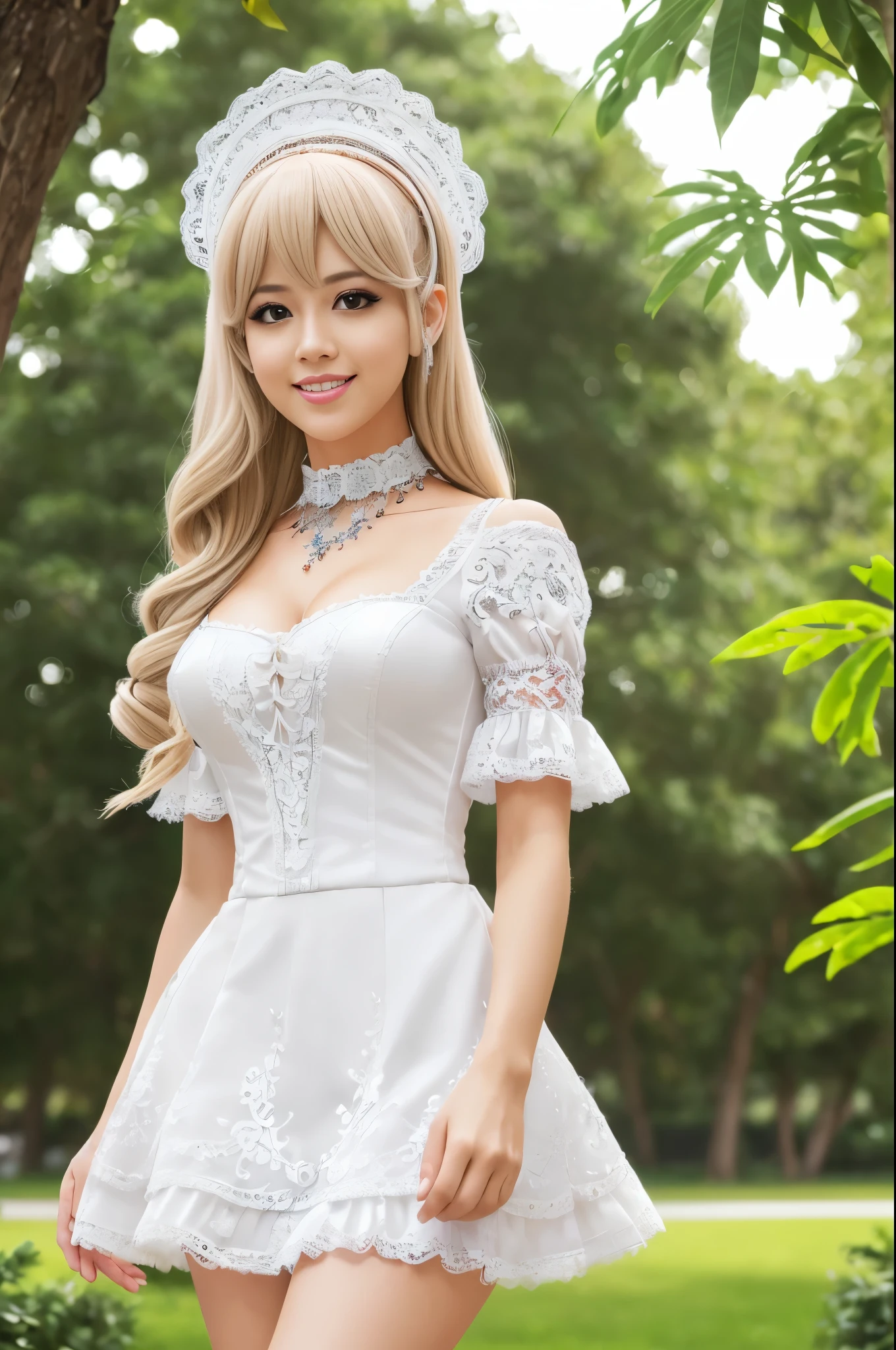 ((Best quality, 8k, Masterpiece, Sharp focus, 35mm lens, f/0.8, amazing beautiful perfect figure :1.4)), side lighting, sexy stylish Brazilian model, ((bright smile)), ((beautiful detailed Victorian-Style boots)), Highly detailed face and skin texture:1.2, super detailed eyes:1.2, super detailed skin, shiny skin:1.2, Blushing ,long lashes:1.2, high-fidelity bangs, brilliant light blonde long random hairstyle, ((sexy Paradise Kiss cosplay)), bell-shaped skirt, petticoats, high neckline, puffed sleeves, (( ultra detailed lace)), ((ultra detailed embroidery)), intricate details, Paradise Kiss accessoires and matching headpiece, choker, ((large sparkling Paradise Kiss jewelry)), cinematic light, detailed large park background with trees