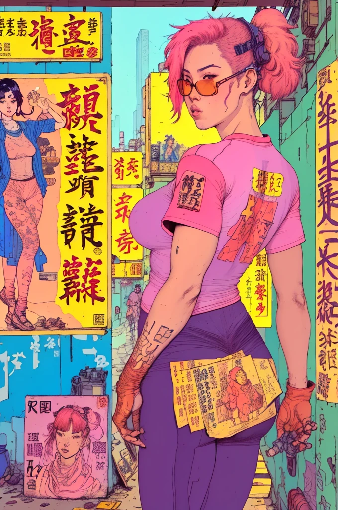 low angle wideshot fisheye illustration of a beautiful pink hair Japanese woman in a tshirt and leggings in a Kowloon street, art by Bernie Fuchs in the style of egon schiele, pencil lines, aquarelle, spraypaint, tiny little scribbles in colored pencil, felt tip pens, gustav klimt, crayon, greg rutkowski, graffiti posters