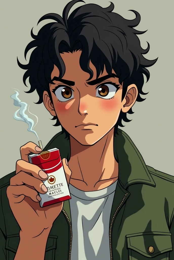 Chico, serious face, brown eyes and curly hair, 90's anime style smoking, with a pack of red cigarettes