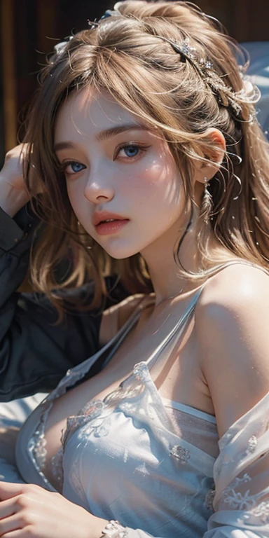 masterpiece、8K、32K、top-quality、(A detailed eye)、(A cute Japanese woman、bangss:1.3)、23years old、1 girl in、elegent、(Detailed background depiction、portlate:1.2)、(blue-sky、cumulonimbus clouds:1.3)、(camisole、half-off jeans jacket:1.1)、Cleavage of
