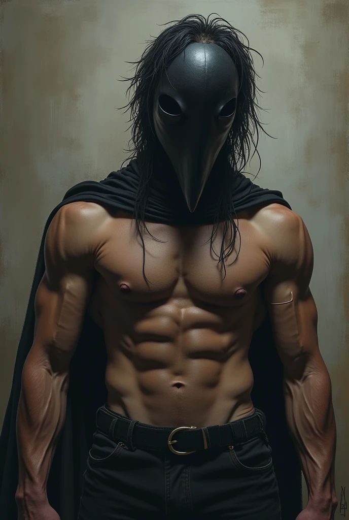Man with a gymnast's body, spiky, black and long and the black plague mask completely dark