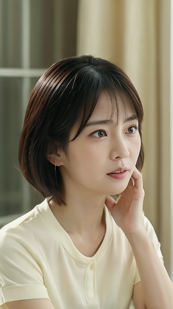 Japanese　40year old woman　、Bust up images、Short Hair、double　The whole picture　Clear
Large tears are flowing.、Mouth open、
古いApartment room background、Sitting、Very sad face、A painful expression、Mouth open、Talking about something、Mouth open、Tears are flowing、Tears are overflowing、Close-up of face、Tears flowing、Gazing into the distance、Plain summer short-sleeved shirt、