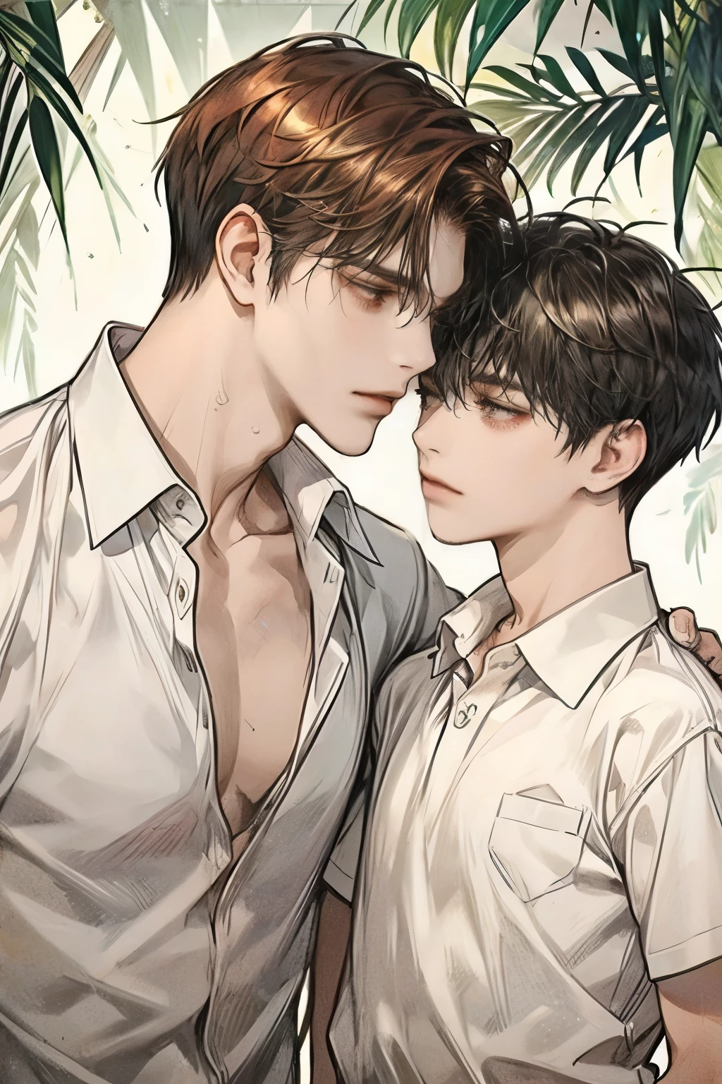 2 men, Facing each other, One is an adult male, One is a child, ear piercing, Exact resemblance, Parent-child relationship, Casual style, white shirt, auburn hair, yellow eyes, Sharp impression, Less body exposure, masterpiece, high quality