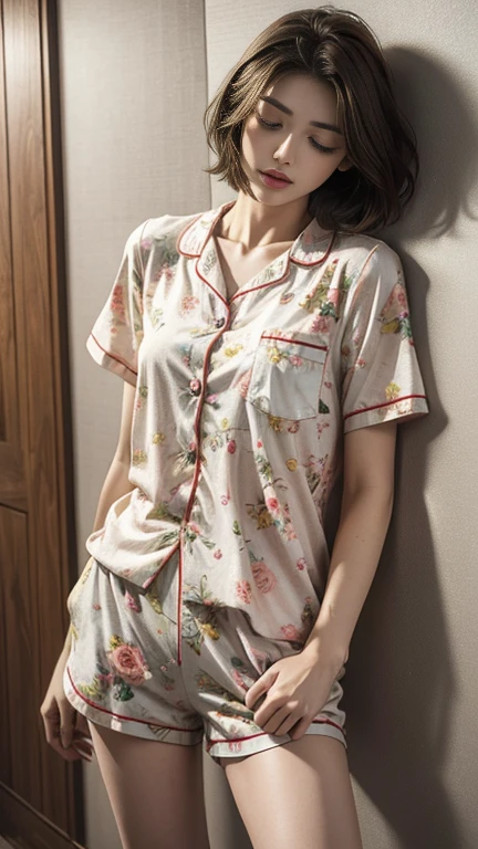sleepy, 22 years old, Realistic, she is wearing shorts, She is wearing floral pajamas, short hair.