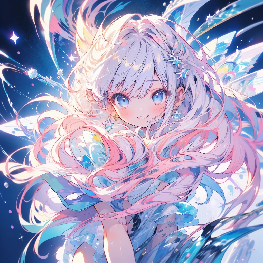 1girl,Masterpiece、Dynamic composition、Highest quality、Delicate expressiveness、About 10 years old、White Hair、smile、river、流れstar、流star群、star、night、(((Composition from above))),Diamond dust、
