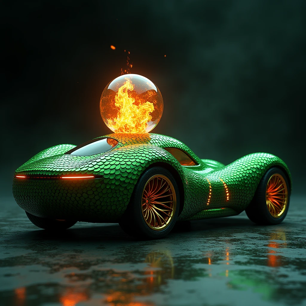 Une voiture inspirée d'une vipère, globe en cristale en feu, carenage comme un ecaille de serpent, gante à rayon, pneu en gomme avec un rayure d'ecaille de serpent, couleur vert serpent 