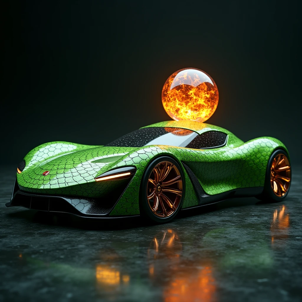 Une voiture inspirée d'une vipère, globe en cristale en feu, carenage comme un ecaille de serpent, gante à rayon, pneu en gomme avec un rayure d'ecaille de serpent, couleur vert serpent