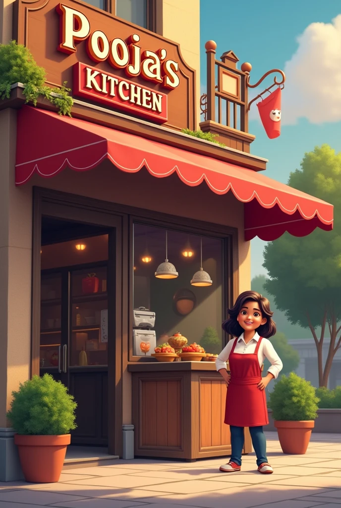 I am the owner of restaurant. And restaurant owner stand near his restaurant. And his restaurant seen clearly and restaurant name pooja's Kitchen