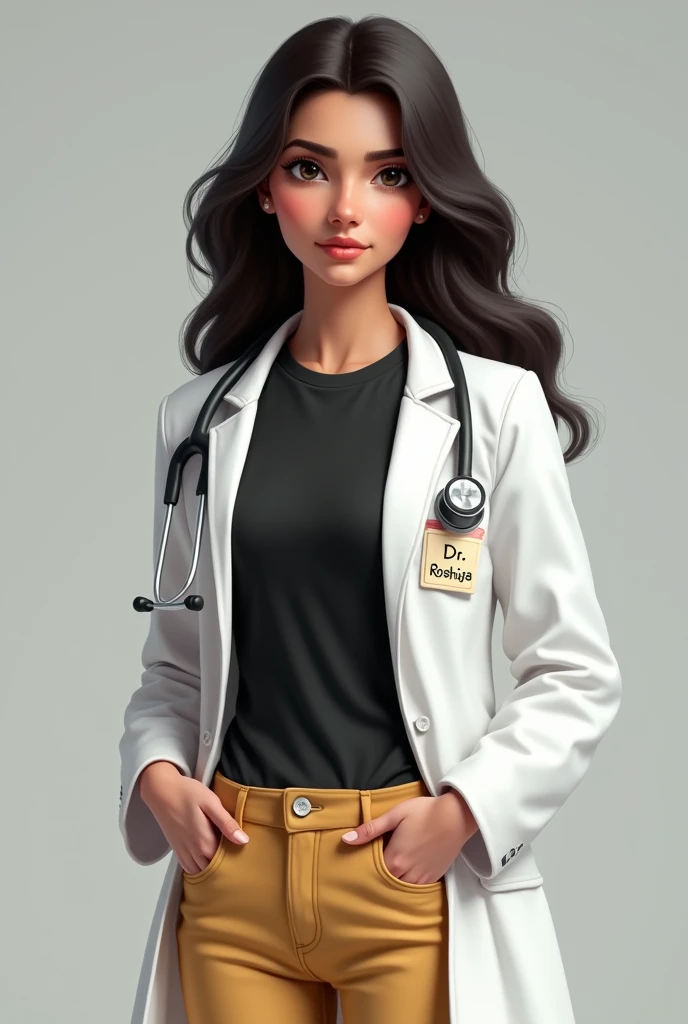 A fair indian girl wear black t shirt and butter colour jeans and a doctor white coat. She has a name batch on her coat which is named"Dr. Roshiya ". She wear a stethoscope on her neck.