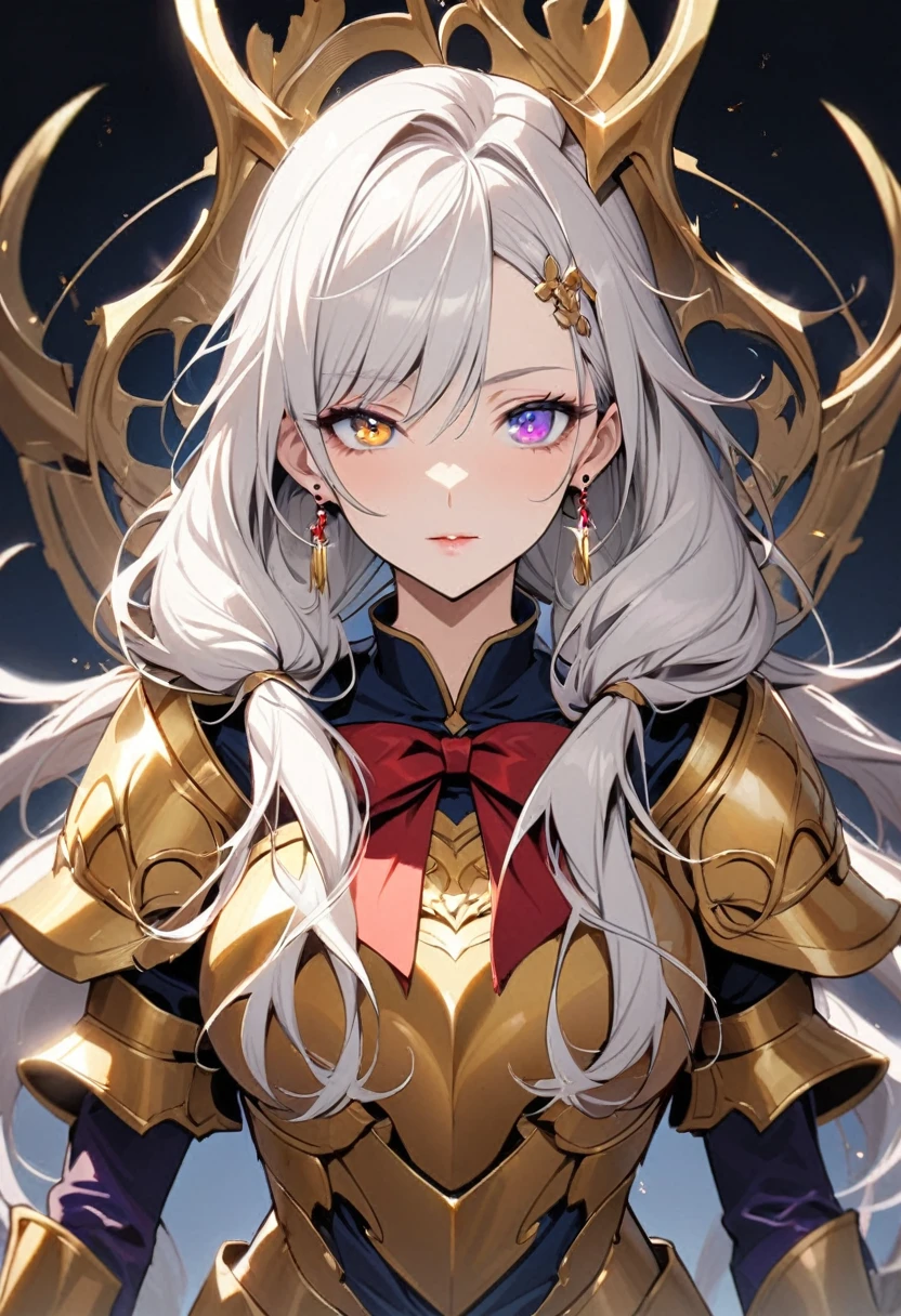 girl, mature, white hair, diamond earings, long hair, low twin tails, red bow on hair, two color eyes, blue right eye, purple left eye, adult. front face, golden armor, beautiful