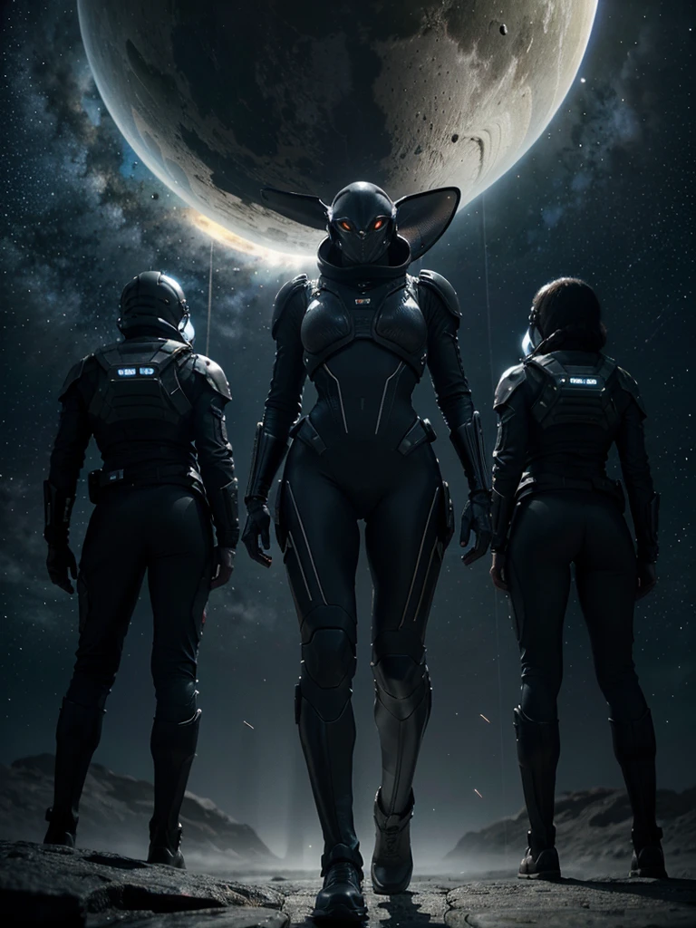 Create a hyper-realistic image on an alien planet. Show three figures in ultra-high-tech space suits with clear visors—one man and two women—each holding futuristic guns. In the background, depict a massive, lifelike xenomorph from Alien, menacingly watching them. The planet should have rugged terrain, strange rock formations, and a dark sky.