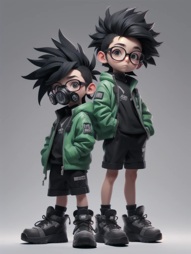 ((一人in,Looking))_in_Audience,green_eye,Simple_background,shirt,black_((Soft Mohawk)),One person,black、Glasses、Are standing,赤Jacket,full_body,male_concentrated,Multicolor_短いhair,shoes,gasmask,black_Shorts,ring,spike_hair,black_White_Jacket,male_child,gas_mask,respirinor,cineminic lighting,Strong contrast,High level of detail,Highest quality,masterpiece,White background,((blackメガネ))、I have a single-lens reflex camera