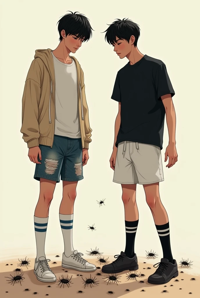 Handsome korean male teenager and handsone chinese male teenager both have black hair, tall and slim bodies. The korean male teenager wears a white t shirt, beige cardigan, ripped jeans shorts, and long white socks with 2 blue stripes on it. The chinese male teenager wears a black shirt, white shorts, and black socks with 2 black stripes. Both are stomping and crushing insects beneath their feet