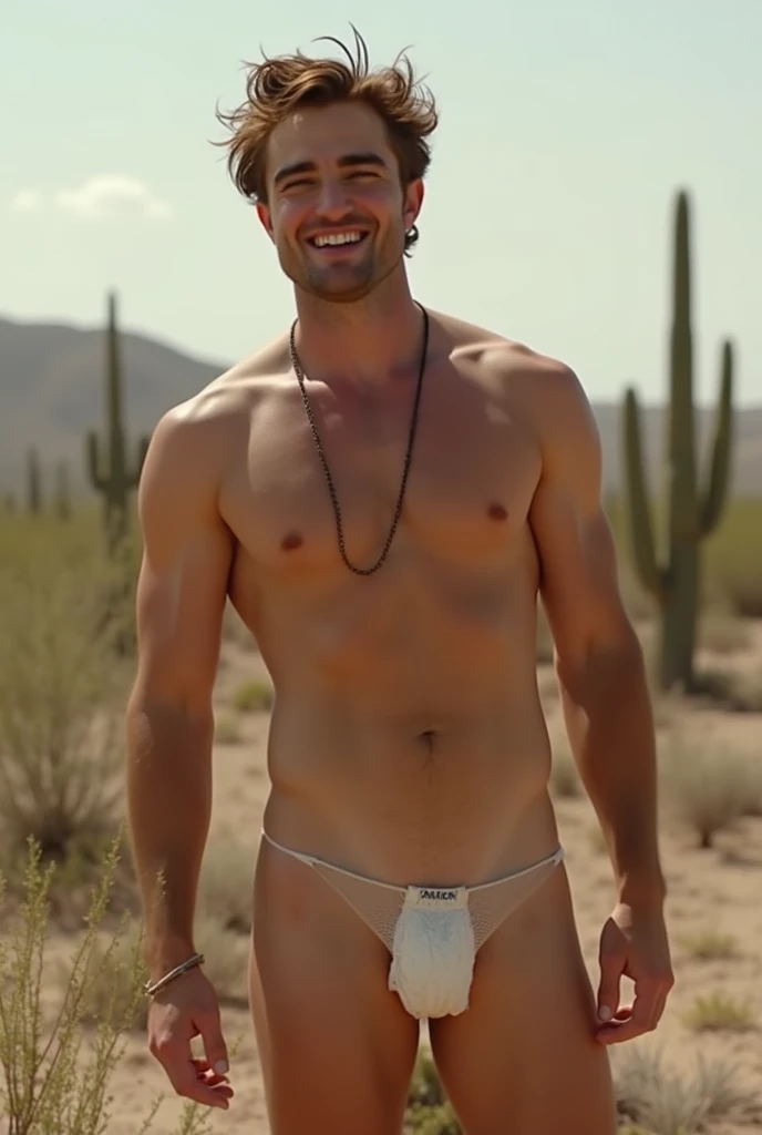 Robert Pattinson looking straight ahead smiling, Naked in the desert, Naked you can see his erect penis and testicles, He is masturbating and has his erect penis held with his right hand, full body, there are cacti and weeds, is in a sexy pose, showing his genitals