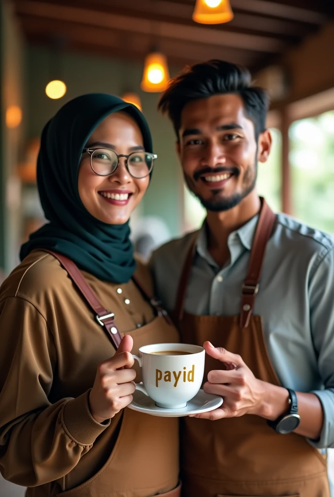 Image mode landscape, created a beautiful woman hijab ((headscarf behind neck)) with a fat body, glasses, slightly overweight, medium breasts, Malay face. Barista shirt, standing on the side with the barista man 29 year, glasses, Them was a restaurant waiter who delivered a cup of warm coffee, The cup making word Gold inscription "payid", the background is village cafe. the image is very detailed, super HD