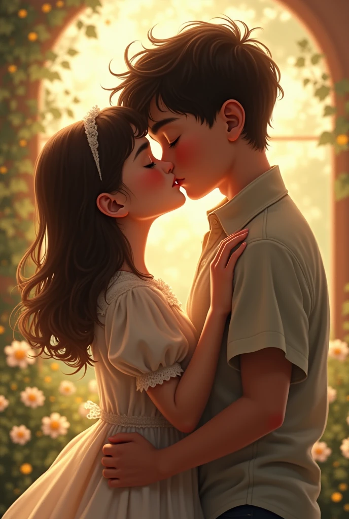 A girl and boy lip kiss