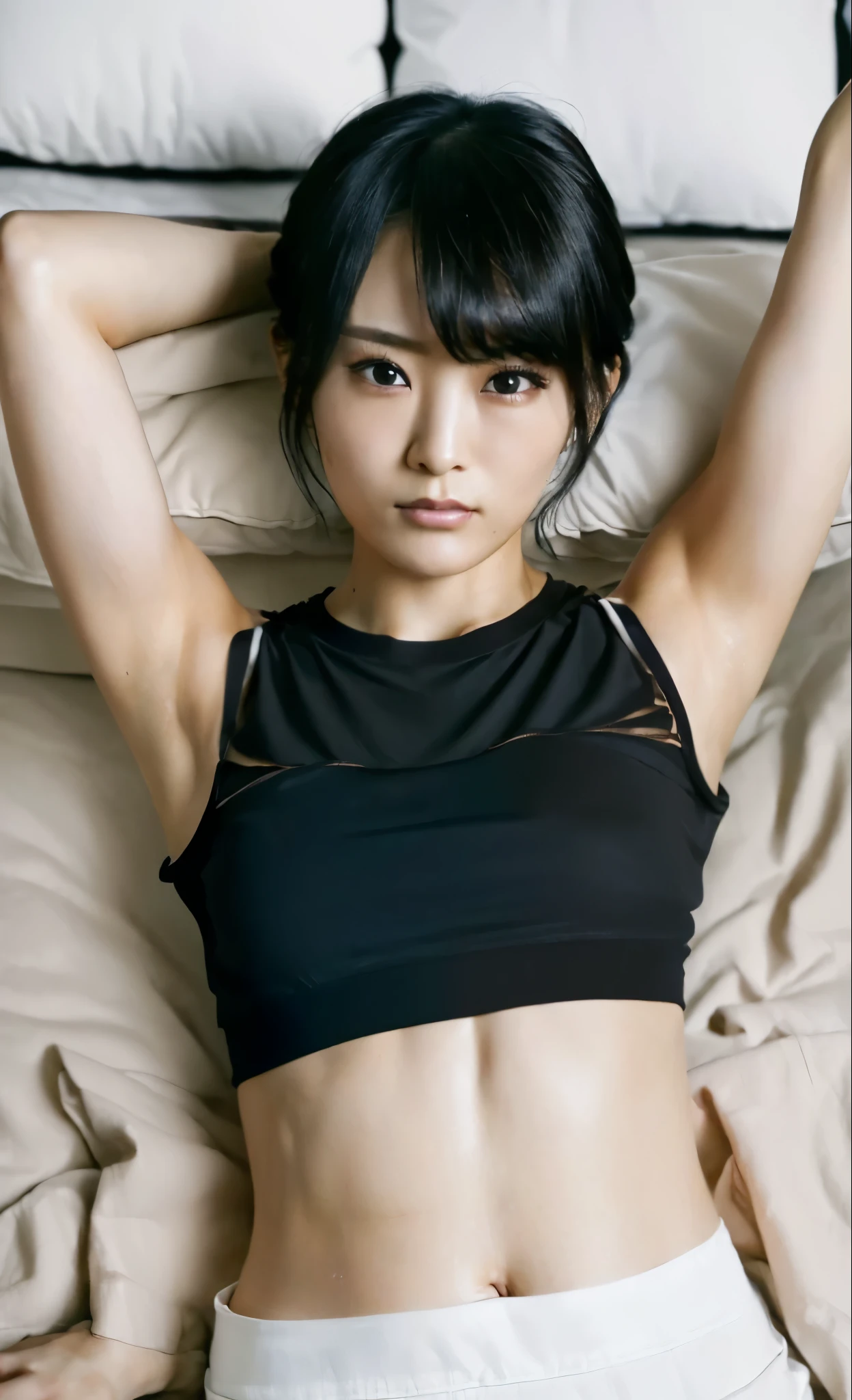 masterpiece, best quality, ultra detailed, ultra high resolution, very detailed face, (((solo))), 26 years old japanese woman, ((from top angle)), (((croptop shirt:1.3))), ((black hair)), (((medium breast))), ((bad mood)), ((six pack abs:1.17)), ((armpit)), ((small mouth:1.14)), ((lying on the bed:1.3)), in the room
