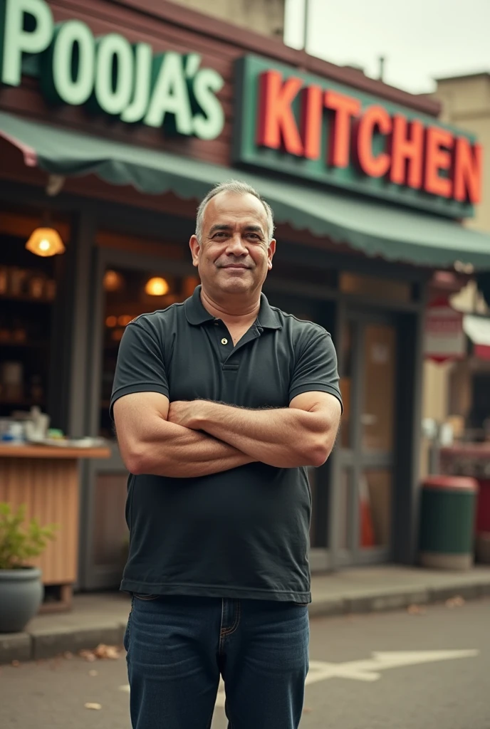 I am the owner of restaurant. And restaurant owner stand near his restaurant. And his restaurant seen clearly and restaurant name pooja's Kitchen 
