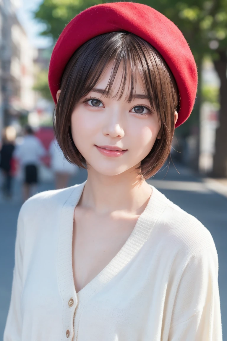 One Woman, (Beautiful woman, Delicate woman:1.3), (Age 25:1.3),
break, (White blouse:1.3), (Cream colored cardigan:1.3), (Red Beret:1.3),
break, Definition of very fine particles, (Symmetrical eyes:1.3),
break, (Street Snap:1.3), 
break, Ample breasts, iris, bangs, Brown Hair, (short hair:1.3),
break, Happy smile、(Eye and facial details:1.0),
break, (masterpiece, Highest quality, Very detailed, Detailed face, 8k)