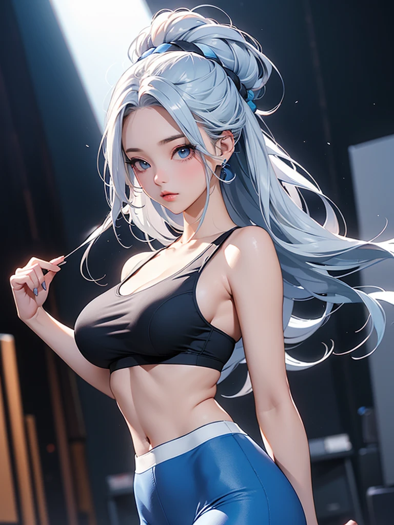 A fit young woman in her 20s. wearing a blue and black sports bra with matching leggings. She has long, braided white hair. no background. on the stage. 카메라를 바라본다
huge boobs. she is walking