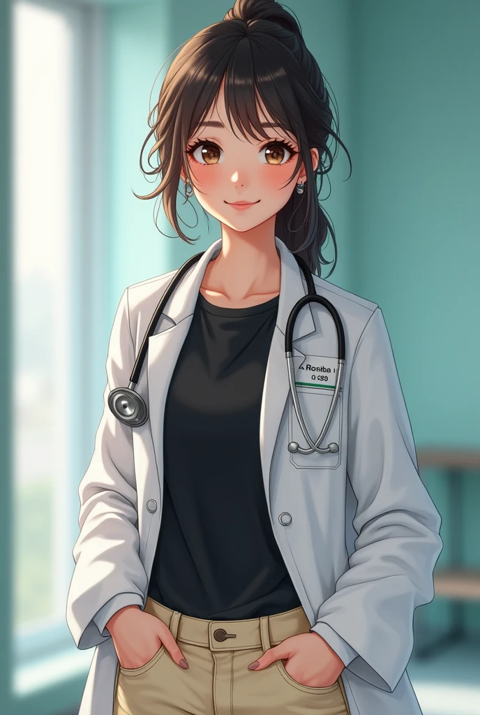 A fair girl wear black t shirt and butter colour jeans and a doctor white coat. She has a name batch on her coat which is named"Dr. Roshiya ". She wear a stethoscope on her neck. 