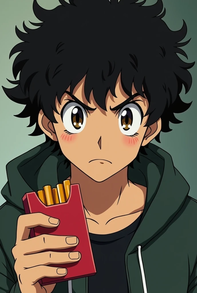 Chico, serious face, frown, brown eyes and curly hair, 90&#39;s anime style smoking, with a pack of red cigarettes.
Medium grain film image style
