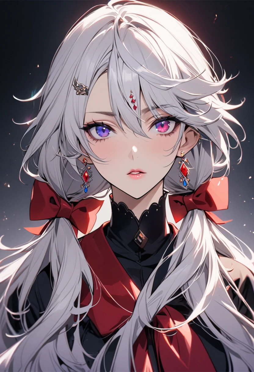 girl, mature, white hair, diamond earings, long hair, low twin tails, red bow on hair, two color eyes, blue right eye, purple left eye, adult. front face, beautiful