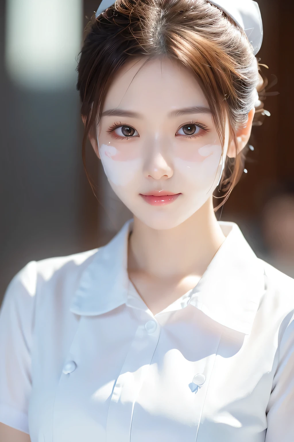 (Tabletop、highest quality、32K、Award-winning works、Ultra-high resolution)、(One beautiful nurse:1.1)、(The perfect white nurse uniform:1.1),hair bun,Shiny, beautiful hair,Accurate anatomy,(Strongly blurred white background:1.1),(very bright white lighting:1.1)、(Close-up of face:1.3),Perfect beautiful makeup,Spectacular Cinema Lighting、Tyndall effect,(standing elegantly:1.1),(Shining white skin:1.1)、Shiny beautiful skin、Radiant Skin,A beautiful face with skin that is completely free of blemishes.,