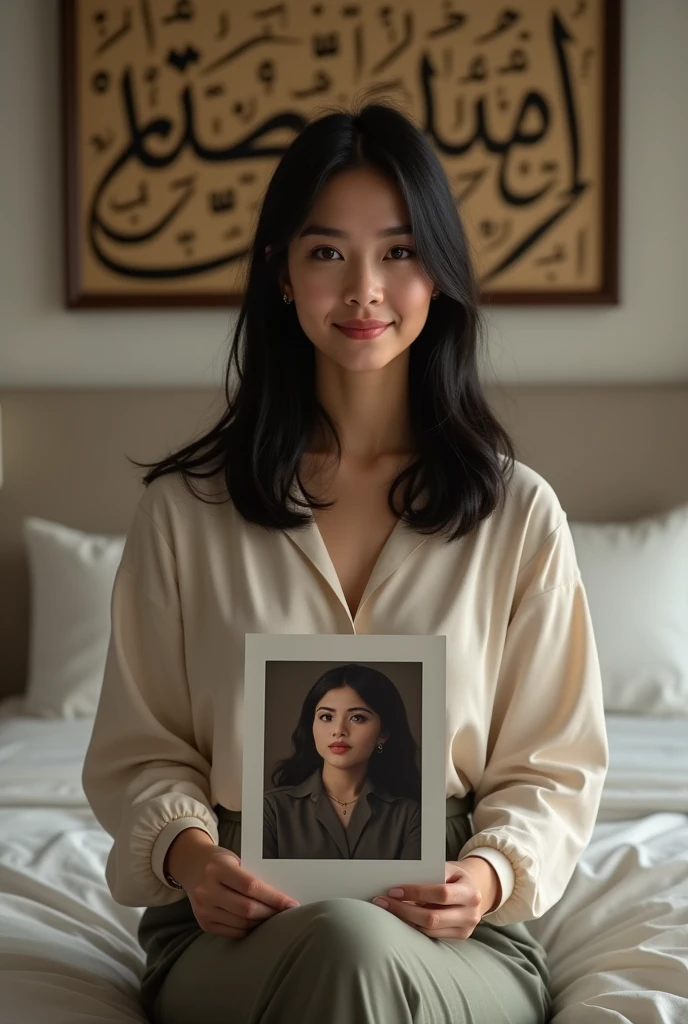 Une femme brune. Les cheveux raides, pas longs, de couleurs noirs. Un peu volumineuse de forme physique. Assise dans une grande chambre d'hôtel, sur un lit de l'hôtel, souriante, la tête droite, le regard droit fixé vers l'avant, portant dans ses mains une grande photo qu'elle montre bien vers l'avant de sorte que la photo qu'elle montre soit un peu décollée de sa poitrine et derrière elle, accroché sur le mur, un tableau avec des écritures en arabe bien lisible.