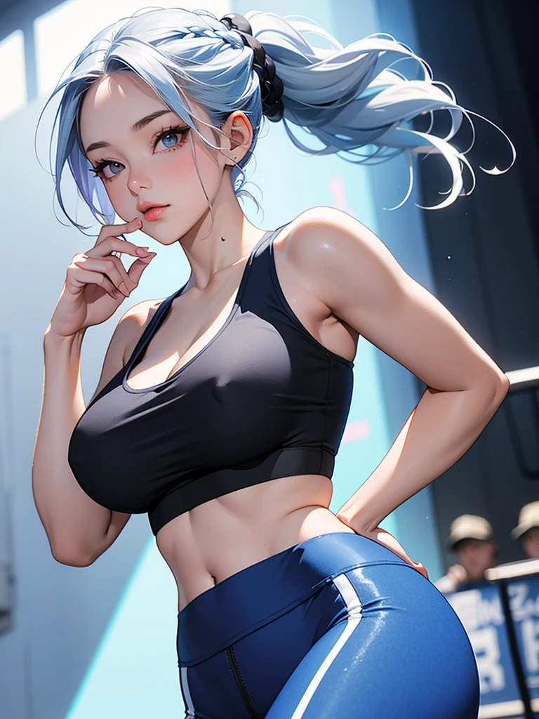 A fit young woman in her 20s. wearing a blue and black sports bra with matching leggings. She has long, braided white hair. no background. on the stage. 카메라를 바라본다
huge boobs. she is walking 