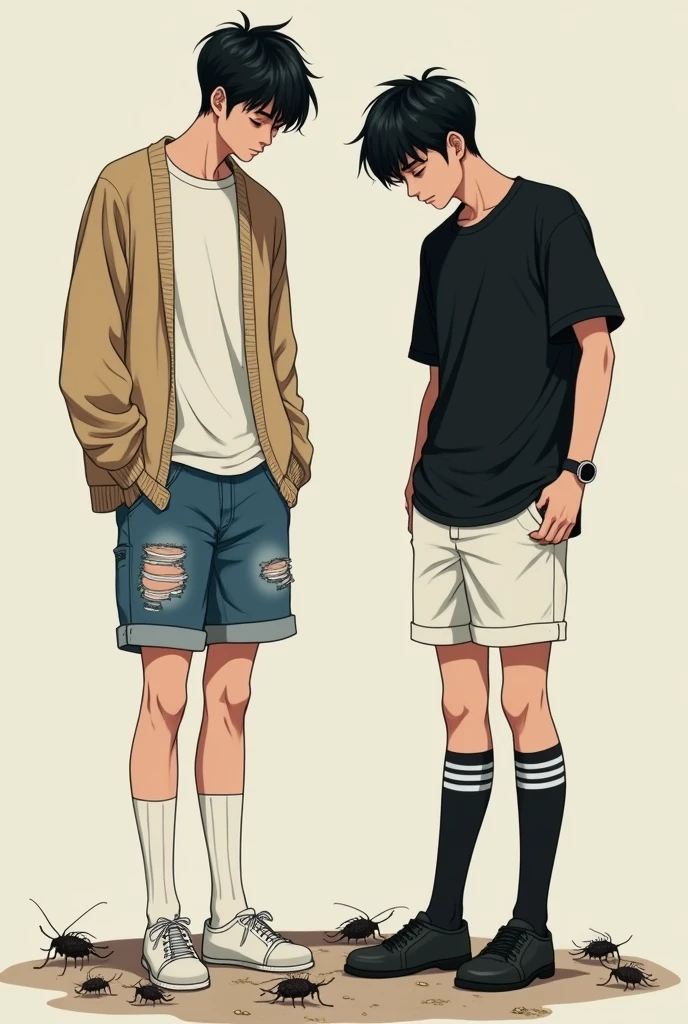 Handsome korean male teenager and handsone chinese male teenager both have black hair, tall and slim bodies. The korean male teenager wears a white t shirt, beige cardigan, ripped jeans shorts, and long white socks with 2 blue stripes on it. The chinese male teenager wears a black shirt, white shorts, and black socks with 2 black stripes. Both are stomping and crushing insects beneath their feet
