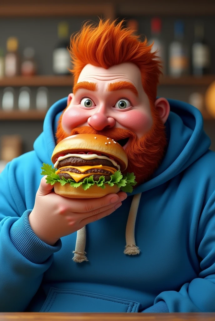 Blue hoodie with ginger fat man eating a burger