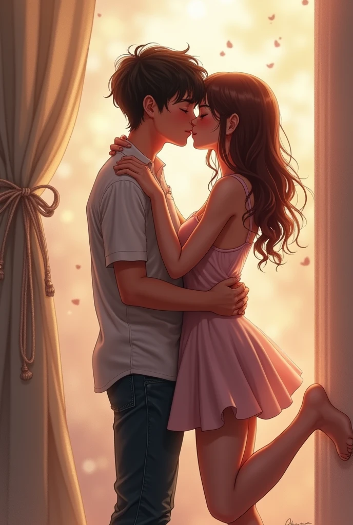 A romantic image of a boy and girl kissing and a girl's leg raised over the boy's shoulder